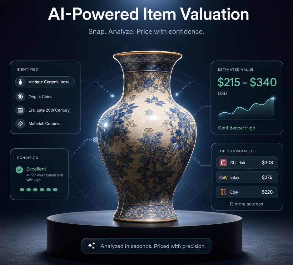 AI-powered item valuation graphic showing a vintage ceramic vase, estimated value, condition, and top comparable sources